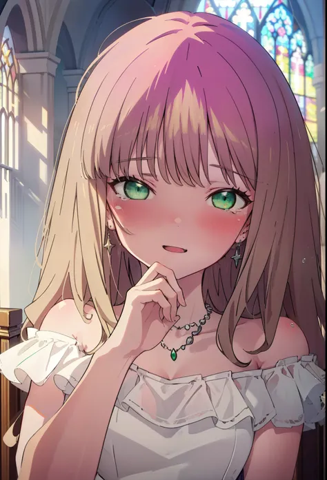 minami yume ,sss Dynazenon ,Long Hair, Brown Hair, (Green Eyes:1.5) ,blush,happy smile, smile, Open your mouth,Off-the-shoulder wedding dresses,Wedden Skirt,necklace,Veil,bouquet,Close both eyes,Tears stream down her face,Tears of joy,I cry a lot,　　　　　　　　　...