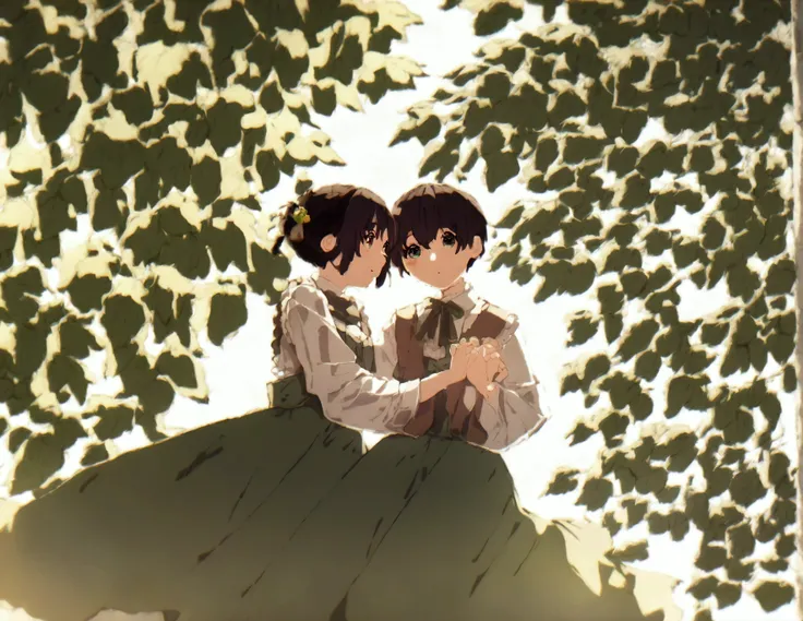 A whimsical young asian anime boy and girl  composed of delicately arranged Asia anime boy and girl , poised in a carefree dance on the rim of a weathered,dancing set , set against a lush, vibrant forest backdrop, where dappled sunlight filters through the...