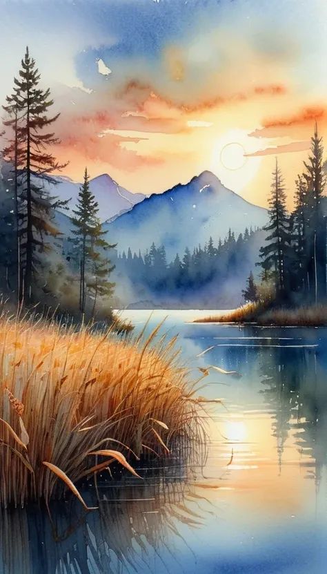 breathtaking A watercolor and ink sketch of a serene lakeside landscape at sunset. The scene is tranquil and detailed, with tall grasses and reeds in the foreground, reflected perfectly in the still lake water. Beyond the lake, dense forests of evergreen t...
