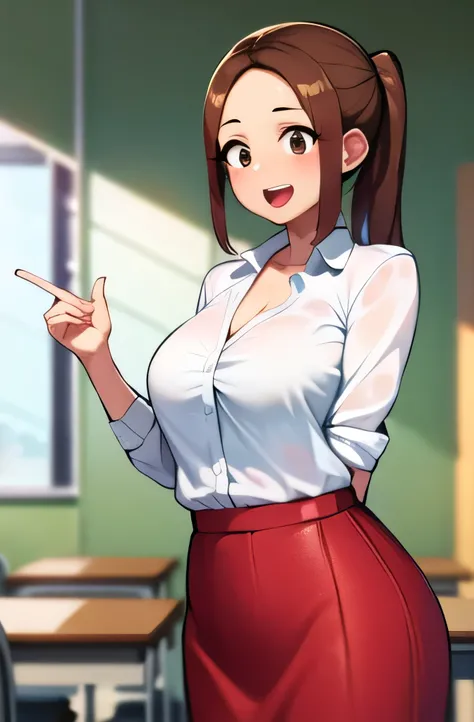 manbagiRumiko, masterpiece, best quality, absurdres, 1girl, looking at viewer, standing, classroom, cowboy shot, , white shirt, red skirt, side ponytail, open mouth, smile, v, dark skin, cleavage