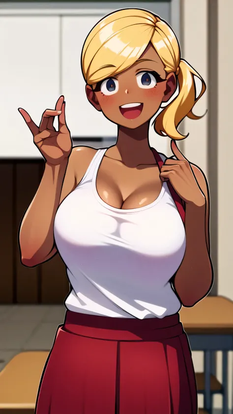 ((ManbagiRumiko)), masterpiece, best quality, absurdres, 1girl, looking at viewer, standing, classroom, cowboy shot, , white shirt, red skirt, side ponytail, open mouth, smile, v, dark skin, cleavage