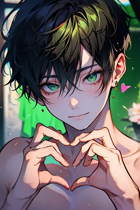 Beautiful young man,black hair, short hair, green eyes, Wet hair, Wipe your hair with a towel, Top Naked, pecs, abs, After taking a bath, steam, sink,High quality, amount of drawing, pixiv illustration,close-up Face,cheeks are red,(A shy smile),((heart han...