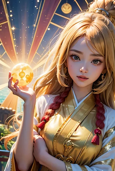 "Child of the Sun, Goddess of Love": Within a sacred sanctuary bathed in sunlight, depict the figure of a sun goddess who governs love, facing forward and emanating divine radiance. She is a , around 3 years old. Zoom in to focus on her face, with a gleami...