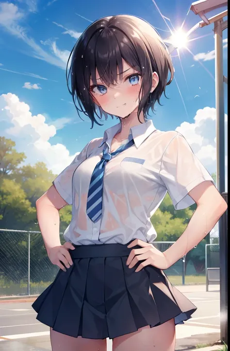 high school,Schoolyard,sunny,Girl 1,boyish,short hair,Black Hair,blue eyes,smile,Serious face,blush,Sweaty,Wet,Summer uniform for girls,Miniskirt,Cowboy Shot,Place hands on hips,sun,cloud,White shirt,