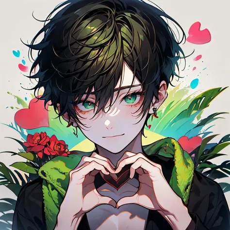 Beautiful young man,black hair, short hair, green eyes, Wet hair, Wipe your hair with a towel, Top Naked, pecs, abs, After taking a bath, steam, sink,High quality, amount of drawing, pixiv illustration,close-up Face,cheeks are red,(A shy smile),((heart han...