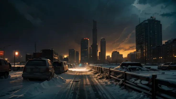 Dramatic Lighting, Chiaroscuro, Post-apocalyptic, View from the ground, City, Moscow in ruins, inanimation, Like Hiroshima, architectural remains, Subway Sign, deep snow, , snow, ice, Stormy sky at dusk 
