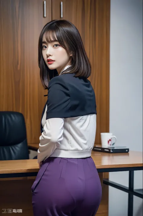 （best qualtiy，8k，32K，tmasterpiece，，realisticlying，The is very detailed, hyper HD：1.2），1girll, Female celebrities，Exquisitehands, a narrow waist，Purple top，Open jacket，office  lady，Business suit，trouser，from back，office room，Office desk，（stick out buttocks：...