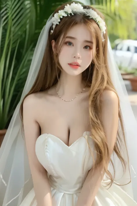 Beautiful woman with perfect body：1.4，Prominent cleavage，Layered Hairstyle，Highly detailed face and skin textures，Double eyelids，Skin Whitening，Long hair，Whitened long legs，Wedding dress，blonde