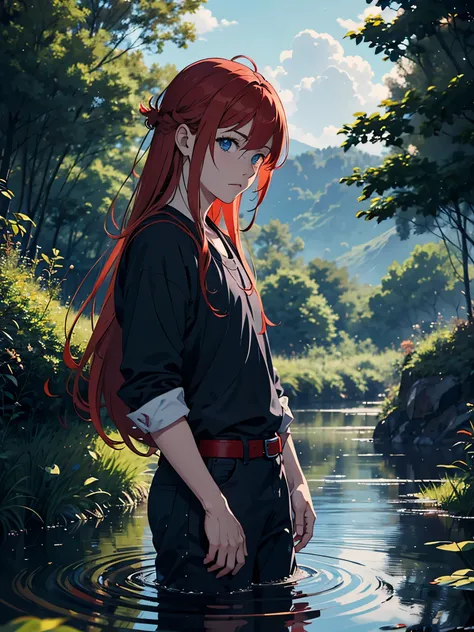 Blaue Flammen. 2D. Flacher. Anime stil. Vikinger kleidung. soft. More anime. Standing in a lake. More anime. More 2D. Clean. More anime. 2d. Glow. Red hair. More anime. male. Long hair. long red hair. boy, vikings. red hair. Blue eyes. fire. 