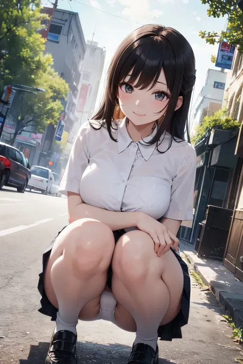 very cute and beautiful girl,(Very detailed美しい顔), (smile),blush,Black Hair,Seraphim,(White Shirt、Pleated navy blue pread your legs、Squat)、Sitting、(From below)、(Lacy white panties), Country road、Distant Tree々and the city, (Highest quality,masterpiece:1.0),A...