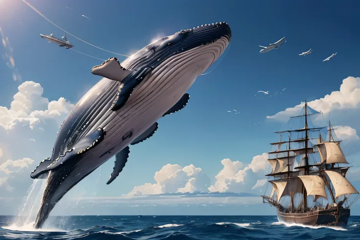 (Realistic whale flying in the sky、Equipped with anti-gravity device:1.2)、(Steampunk steam ship flying in the sky:1.2)、(A whale and a sailing ship fly side by side in the sky:1.2)、Fantastic World、(Steampunk World)、delicate and dynamic、