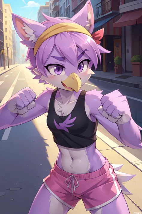 score_9,score_8_up,score_7_up, source_cartoon, source_furry, Furry girl, bird, yellow bird beak, lilac hair, short spiky hairstyle, short spiky ponytail, anime style, small breasts, purple eyes, big eyebrows, animal ears, ((yellow headband with ribbon, bla...