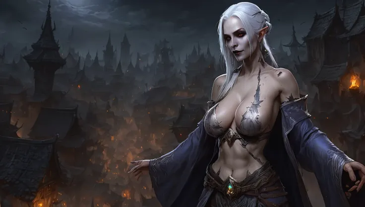 World of Warcraft，Undead Mage，White hair，Tattered Gray Robe，woman，Medium breasts，Show your shoulders，Reveal most of the flesh，Full body image，The background is Night Town