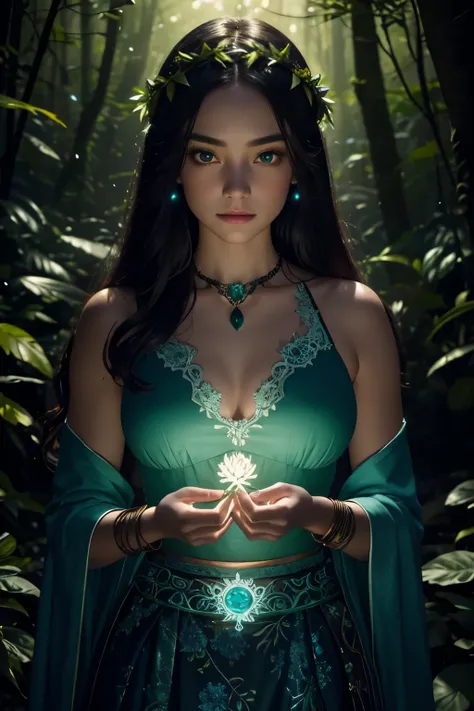 Perfect lens，Intricate details，Soft Light，Detailed night forest background，Real forest，Glowing plants，firefly，Real flowers，Real animals，Empty meadows，Fiery sun，Intricate lace skirt，Perfect face，Real face，colorful wreath，Blush，Beauty，Hair is blown by the wi...