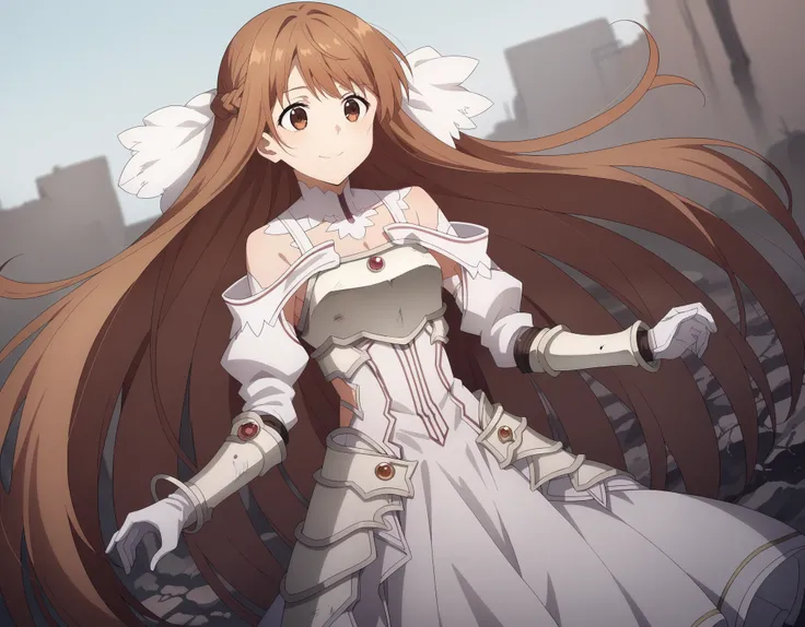 score_9, score_8_superior, score_7_superior, sauce_anime,
asunayuuki, As Yuuki, Long Hair, bangs, Brown Hair, Brown eyes, very Long Hair, Braiding, 
dress, Exposing shoulders, Removable sleeves, white dress, armor, breastplate, white armor,
Outdoor, wastel...