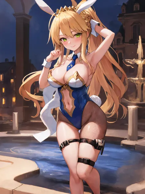 masterpiece, best quality, absurdres, soft lighting, looking at viewer, solo, light_smile, shy,
1girl, ahoge, rabbit ears, playboy bunny, artoria pendragon (swimsuit ruler) (fate), large breasts , blonde hair, green eyes, french braid,  pony tail
bare shou...