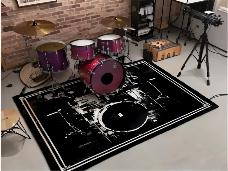 a close up of a drum group on a rug in a room, drum group, drummer, Drum rack, Drum rack, rock band, drum, Matt black metal, Bass drum, carpet, drum pad, playing drum, Band merchandise, Studio Floor, 2 0 2 0, 2020, musician, extremely High quality artwork,...