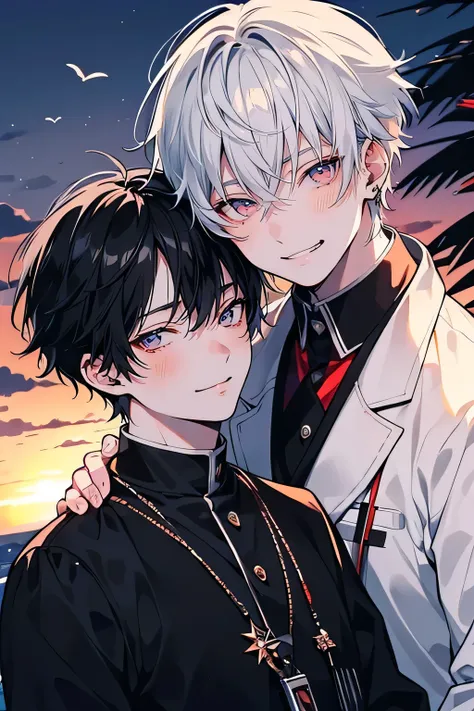 (Piece Fly), (best quality), Very detailed, ((Two friendly men)), Perfect face, Pretty Face, Very detailed face，(Black-haired man:1.3)，(White haired man:1.3)，Smile，Hold together，In the sunset