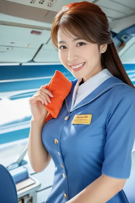 best quality, masterpiece, beautiful Japanese woman,( ((stewardess))), ((inside an airplane)), smiling, huge breasts