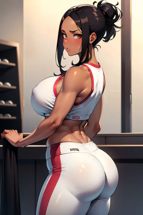 gym, workout, hot, sweating, black hair, sweaty, white clothes , white yogapants, dark skin, tan, big , tan skin, Best quality, medium breast, big breasts breasts, entitled, looking down, gyaru, angry, hair tied back neatly black hair, black ponytail ,  da...