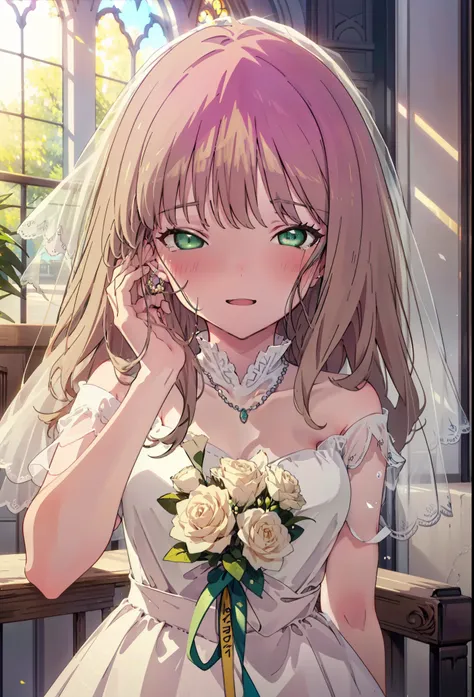 minami yume ,sss Dynazenon ,Long Hair, Brown Hair, (Green Eyes:1.5) ,blush,happy smile, smile, Open your mouth,Off-the-shoulder wedding dresses,Wedden Skirt,necklace,Veil,bouquet,Close both eyes,Tears stream down her face,Tears of joy,I cry a lot,　　　　　　　　　...