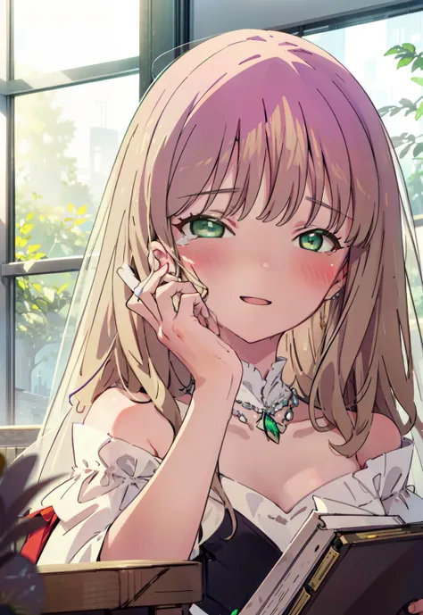 minami yume ,sss Dynazenon ,Long Hair, Brown Hair, (Green Eyes:1.5) ,blush,happy smile, smile, Open your mouth,Off-the-shoulder wedding dresses,Wedden Skirt,necklace,Veil,bouquet,Close both eyes,Tears stream down her face,Tears of joy,I cry a lot,　　　　　　　　　...