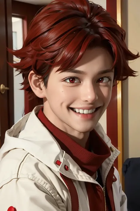 young man with red hair, smiling, red eyes.  14 year old boy, white wool jacket.