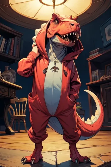 ganzkörperbild, alles im bild, a cute but cheeky cat dressed in a cool whole body plush tyrannosaurus rex dinosaur costume that ...