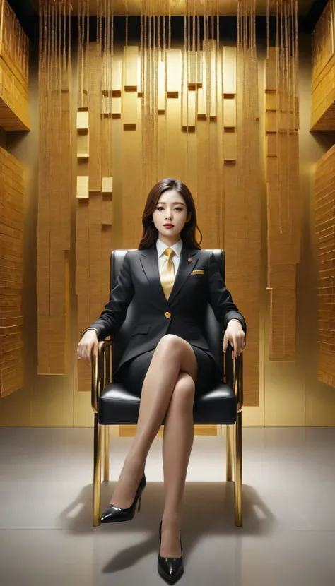 There are lots of gold bars hanging on the wall, Woman sitting on chair, Girl in suit, Girl in suit, Businesswoman, Woman in a business suit, Wearing a strict business suit, a surreal , Wearing a business suit, Irelia, Jaeyoung Nam, surreal , sakimichan, I...