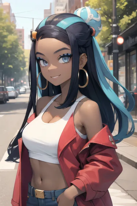 masterpiece, best quality, (Detailed face:1.2), (Detailed eyes:1.2), solo, 1girl, nessacasual, dark skin, makeup, smile, looking at viewer, standing, opened red jacket, white tank-top, ((midriff)), medium breasts, cleavage, tight blue denim pants, belt, ho...