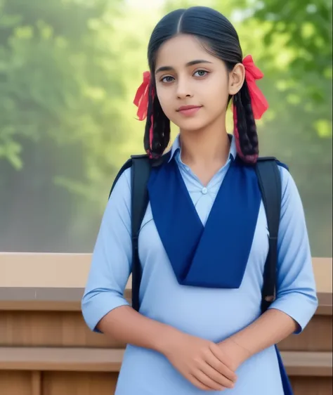 raw photo , 1 girl  ,wearing  salwar kameez uniform, teen school girl, with plait , professional photographer, (hdr:1.4), master...