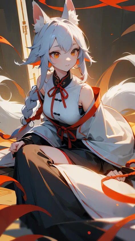 A fox girl image：Work clothes，new Chinese style;Everyday wear，Try various modern styles。Hair color: granny gray，White。Big fox ears in front of the morning(Refer to the current Daling avatar)，Human ears covered by hair and red braided rope，Appears as a hair...