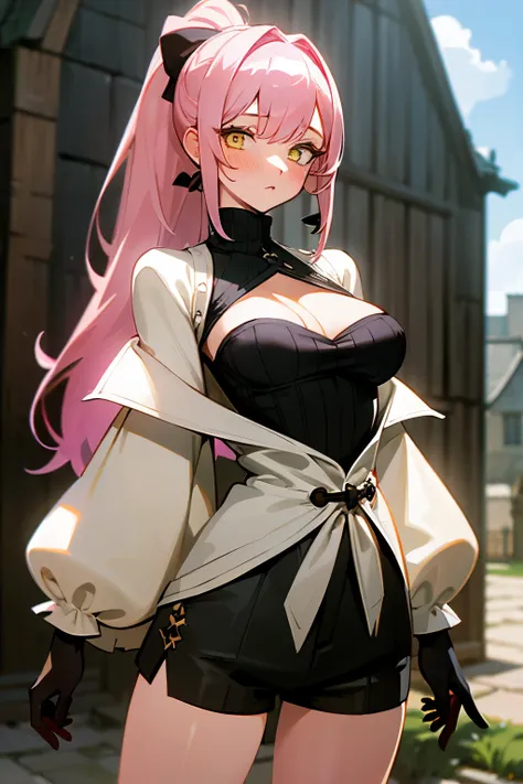 (masterpiece, best quality, absurdres, very detailed eyes), 1girl, solo, solofocus, pastel pink hair, long hair, yellow eyes, bangs, closeup, looking at viewer, medieval clothing, ? 1girl  black gloves  black shirt  black shorts  blush  cleavage cleavage c...