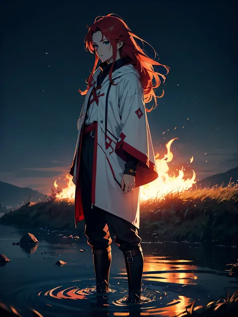 Mystische zauber. Feuerzauber. Wind. Sturm. More anime style. blue flames. 2d. flatter. anime style. Viking clothing. soft. More anime. Standing in a lake. More anime. More 2d. Clean. More anime. 2d. Glow. Red hair. More anime. male. Long hair. long red ha...