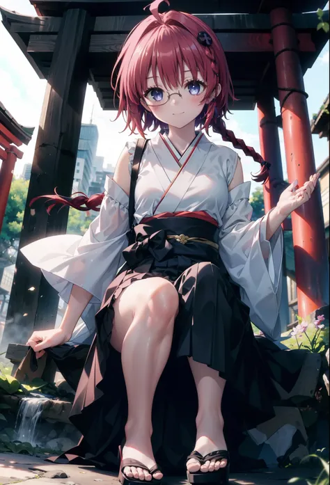 Meia Kurosaki,Meia Kurosaki,Redhead,Long Hair,Long braids,Purple eyes,Glasses, (Small breasts:1.2),Shrine maiden, 白いkimono, kimono, As with the skirt, Wide sleeves, Long sleeve, Red too,Long skirt,White tabi,Sandals,smile,blush,Sleeves edged with ribbon, w...