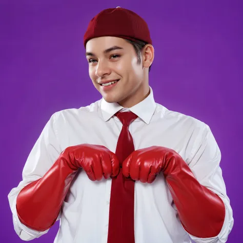 This image features a black young man in a playful pose, wearing a white dress shirt, a striped red and white tie, and a dark red cap. His hands are covered with oversized red boxing gloves. Hes playfully fixing his tie with a smile, suggesting a fun or hu...