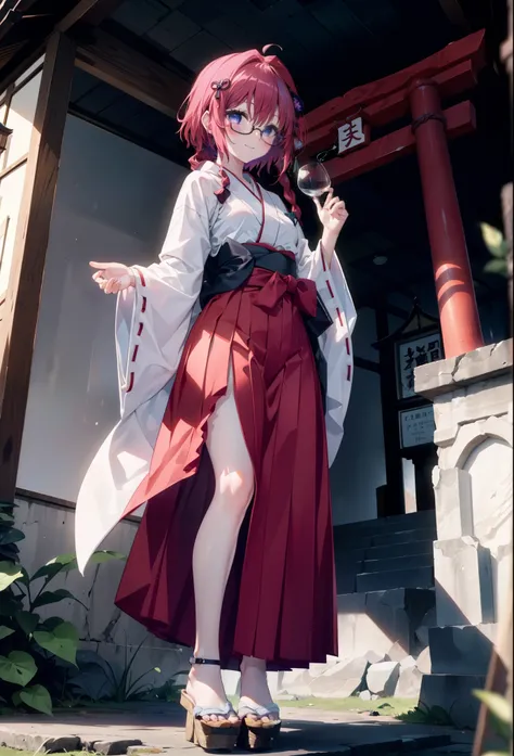 Meia Kurosaki,Meia Kurosaki,Redhead,Long Hair,Long braids,Purple eyes,Glasses, (Small breasts:1.2),Shrine maiden, 白いkimono, kimono, As with the skirt, Wide sleeves, Long sleeve, Red too,Long skirt,White tabi,Sandals,smile,blush,Sleeves edged with ribbon, w...