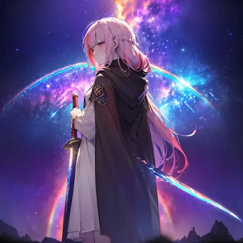 (((((Two women standing back to back、Holding a sword　Galaxy Background、Shine)))))　((((Fantasy　Rainbow colors、Long Hair　Dull red eyes　High Neck Hoodie　Put on a coat without putting your arms through it))))　(((Lonely　despair)))　((tears　gloves))　(Distorted Sp...