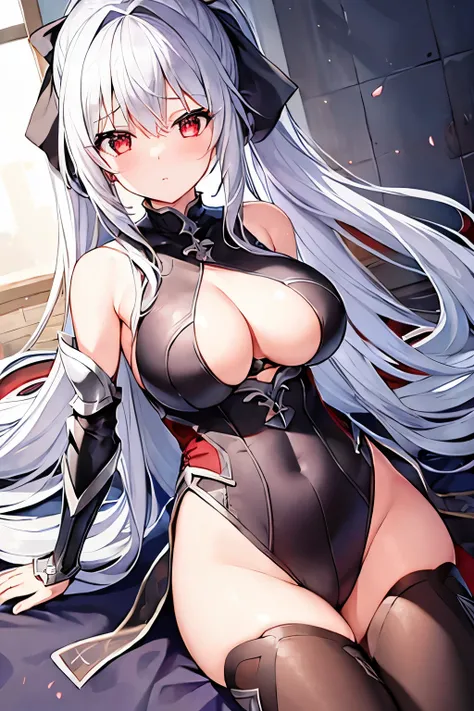 1 girl、Silver Hair、ponytail、Noble Knight、Less Armor、Lots of cloth、red decoration、leotard、tights、((Arm decoration))、Expose、Bigger breasts、