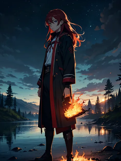 Mystische zauber. Feuerzauber. Wind. Sturm. More anime style. blue flames. 2d. flatter. anime style. Viking clothing. soft. More anime. Standing in a lake. More anime. More 2d. Clean. More anime. 2d. Glow. Red hair. More anime. male. Long hair. long red ha...