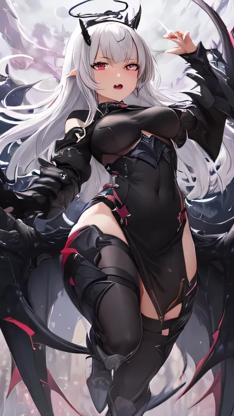 masterpiece, high quality, 4K, HDR, armored dress knight, black halo above head, black horns on head, black dragon tail, large black wings on back, Silver hair, intake hairstyle, blunt bangs, long hair, crimson eyes, narrowed eyes, sharp teeth, slightly po...