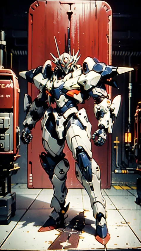 (masterpiece:1.5, best quality:1.5, extremely delicate:1.5), humanoid Mecha, fully enclosed shoulder guards, matching arm and leg guards, full body, full armor, the design balances heavy with agility, (the color scheme is primarily white with red and blue ...