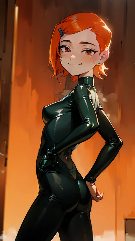 (Masterpiece), Best Quality , ultra-detailed, 1girl (Gwendolyn_Tennyson, breasts, orange hair, short hair, slicked-back hair, red eyes, half-closed eyes), a evil face, wicked smile,  solo, , black latex bodysuits, in the  room, night time,  standing, Sexy ...