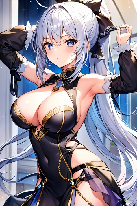 1 girl、Silver Hair、ponytail、Fantasy dancer&#39;s outfit、Orange decoration、accessories、Expose、Bigger breasts、