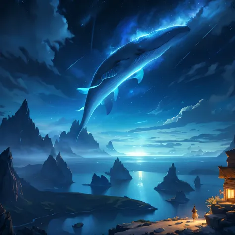 a blue whale flying in the starry sky over islands with a sea, summer night fantasy landscape, beautiful illustration, (best quality,4k,8k,highres,masterpiece:1.2),ultra-detailed,(animation style),cinematic lighting,intricate background details,dramatic cl...