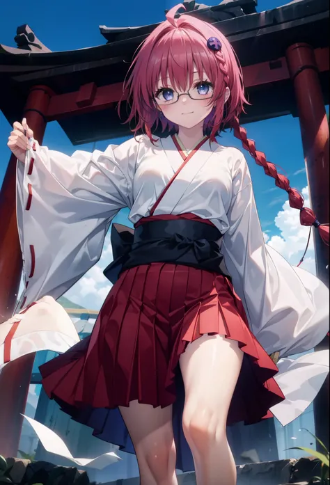 Meia Kurosaki,Meia Kurosaki,Redhead,Long Hair,Long braids,Purple eyes,Glasses, (Small breasts:1.2),Shrine maiden, 白いkimono, kimono, As with the skirt, Wide sleeves, Long sleeve, Red too,Long skirt,White tabi,Sandals,smile,blush,Sleeves edged with ribbon, w...