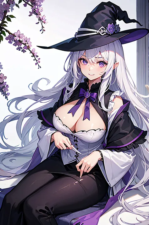 1girl, witch, lilac witch outfit, white hair, big breasts, cozy, happy