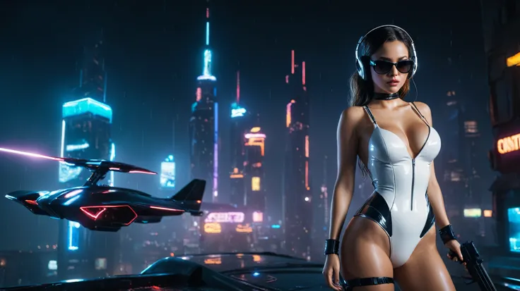 (aerial view, a (flying cars):1.8 docking platform, a very dark abandoned futuristic city, neon lights), rainy night. (((1girl, solo, alone))), large-breast:1.2 slim body, cleavage:1.1, sexy wind blowing wet dress:1.4, (((headphone, black sunglasses, stand...