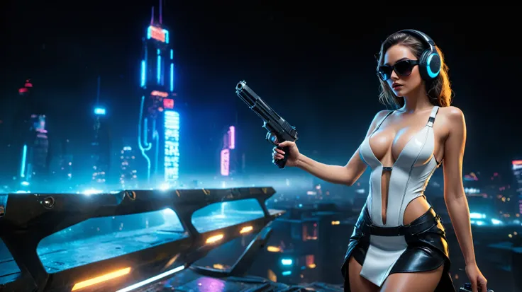 (aerial view, a (flying cars):1.8 docking platform, a very dark abandoned futuristic city, neon lights), rainy night. (((1girl, solo, alone))), large-breast:1.2 slim body, cleavage:1.1, sexy wind blowing wet dress:1.4, (((headphone, black sunglasses, stand...