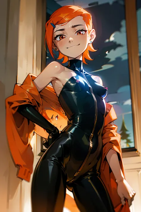 (Masterpiece), Best Quality , ultra-detailed, 1girl (Gwendolyn_Tennyson, breasts, orange hair, short hair, slicked-back hair, red eyes, half-closed eyes), a evil face, wicked smile,  solo, facing viewer, looking at viewer, black latex bodysuits, undress, n...